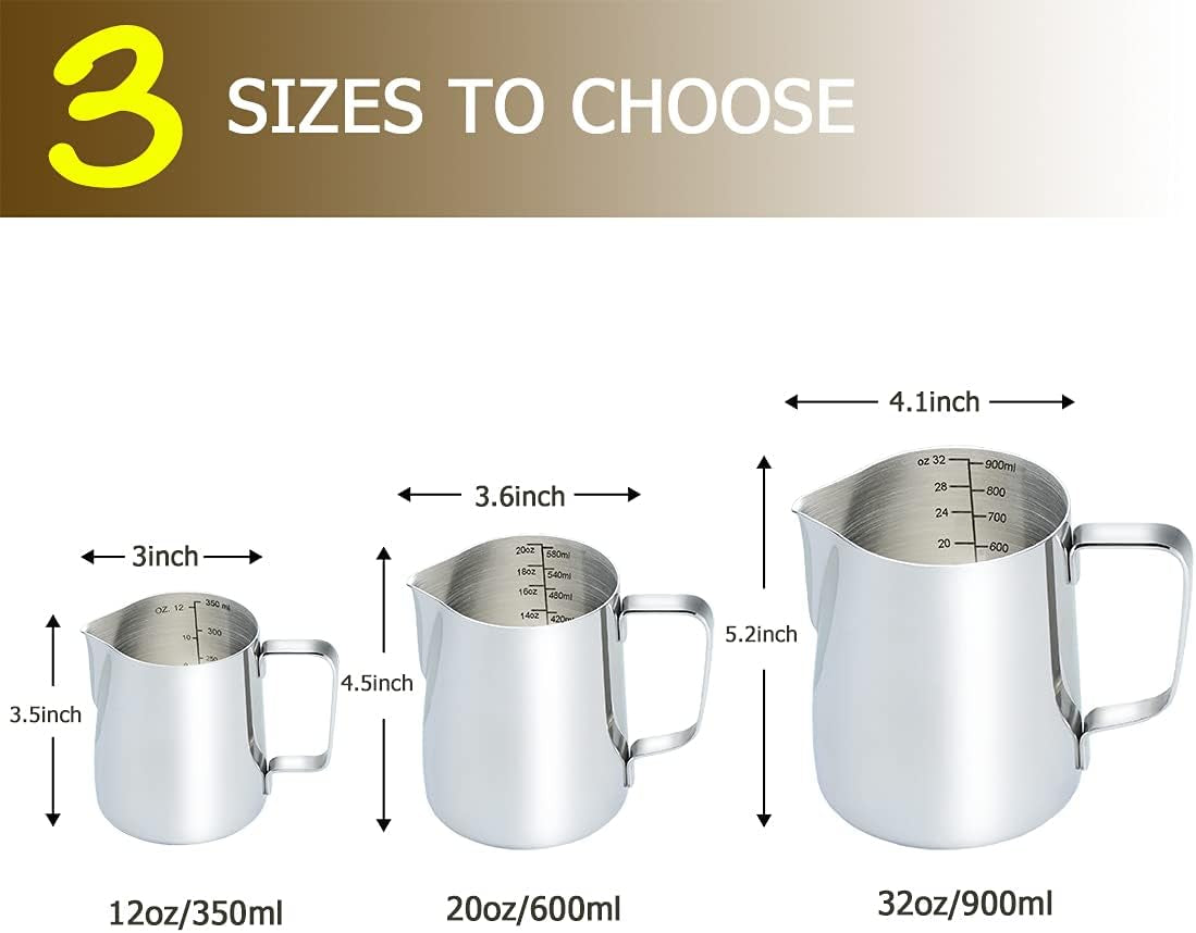 Stainless Steel Milk Frothing Pitcher 12 Oz, Espresso Steaming Pitcher with Decorating Pen for Espresso Machines, Cappuccino, Latte Art (Silver)