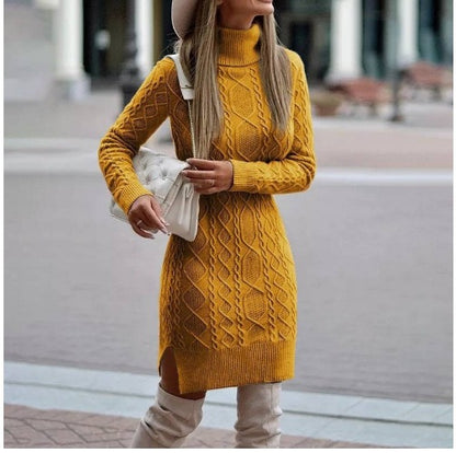 Fashion Turtleneck Knitted Dress With Slit