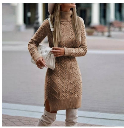 Fashion Turtleneck Knitted Dress With Slit