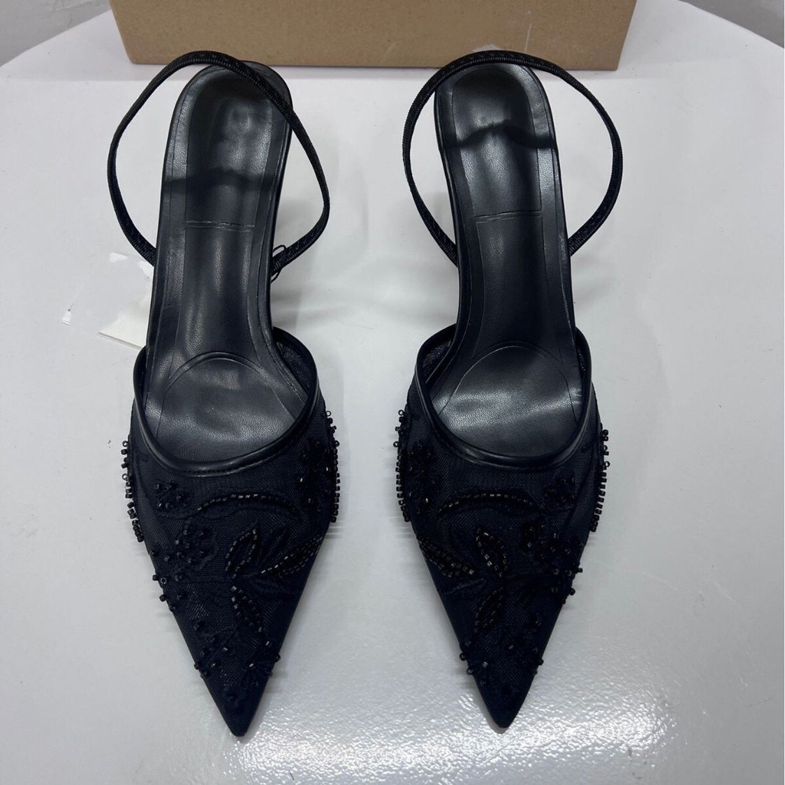 Women's Rear Strap Embroidered Mesh High Heels