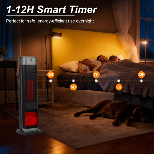 1Pc 1500W Oscillating Ceramic Tower Space Heater With 3D Flame Portable Electric Heater With 3 Wind Mode Heating Remote Control 12H Timer Overheat Tip-Over Protection For Bedroom Office