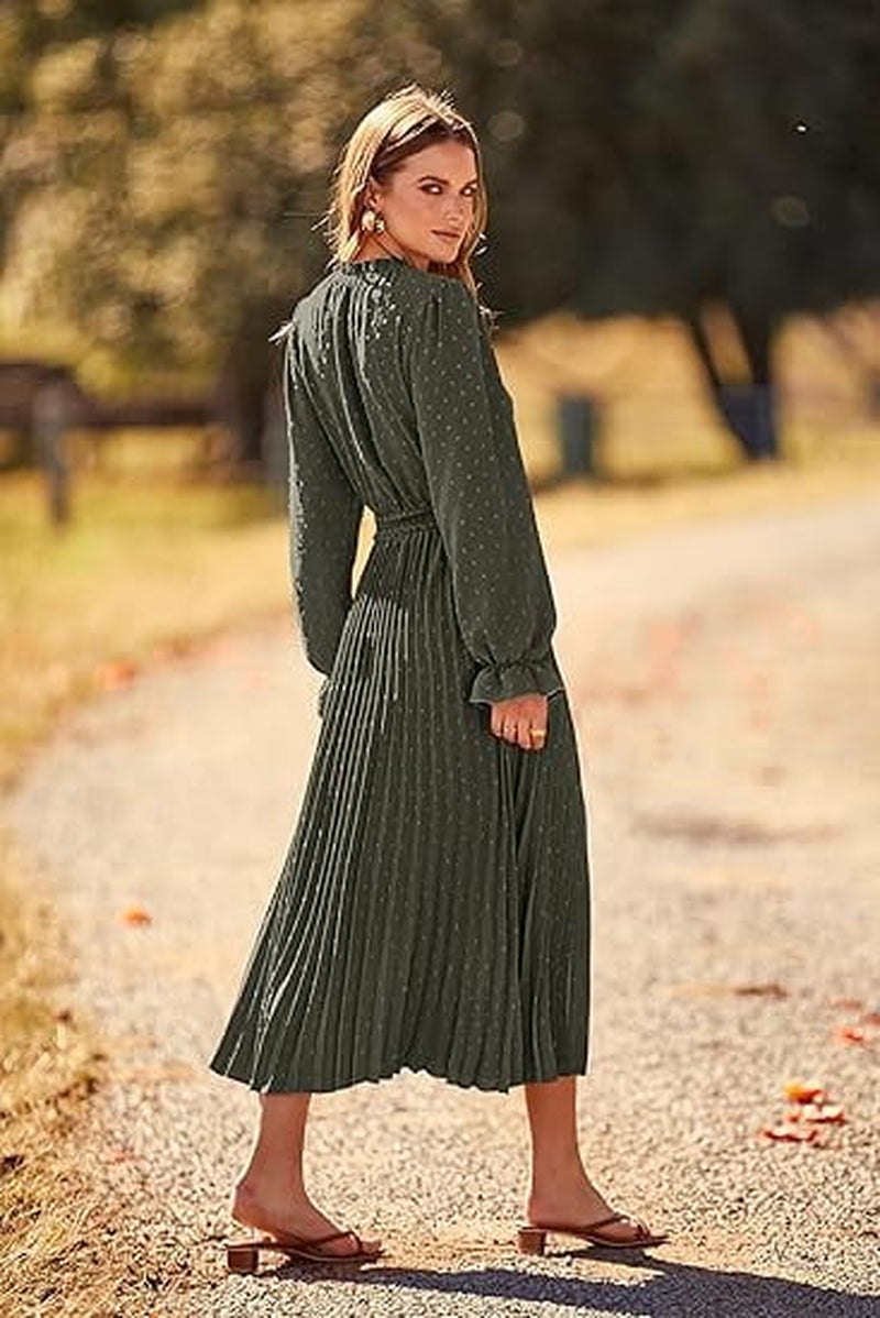 Women'S Spring Fall Midi Dress Casual Long Sleeve V Neck Swiss Dot Pleated a Line Flowy Dresses