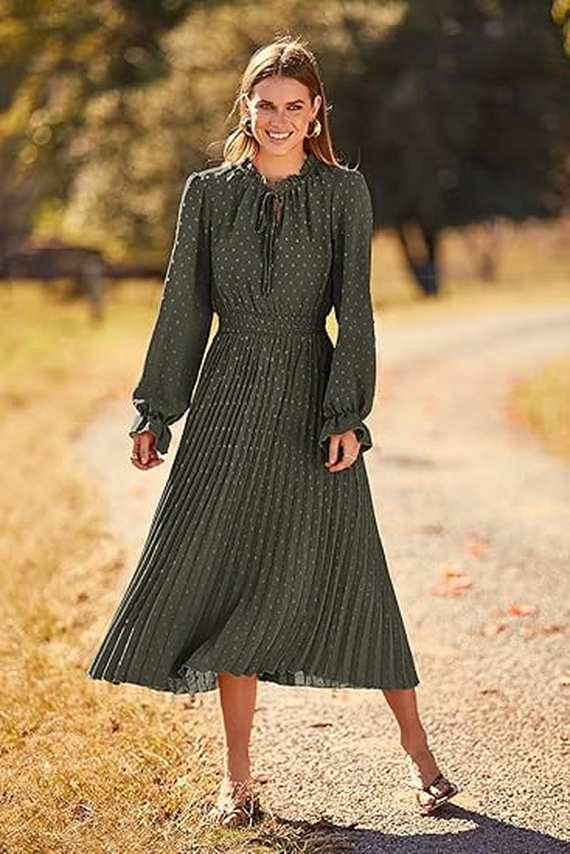Women'S Spring Fall Midi Dress Casual Long Sleeve V Neck Swiss Dot Pleated a Line Flowy Dresses
