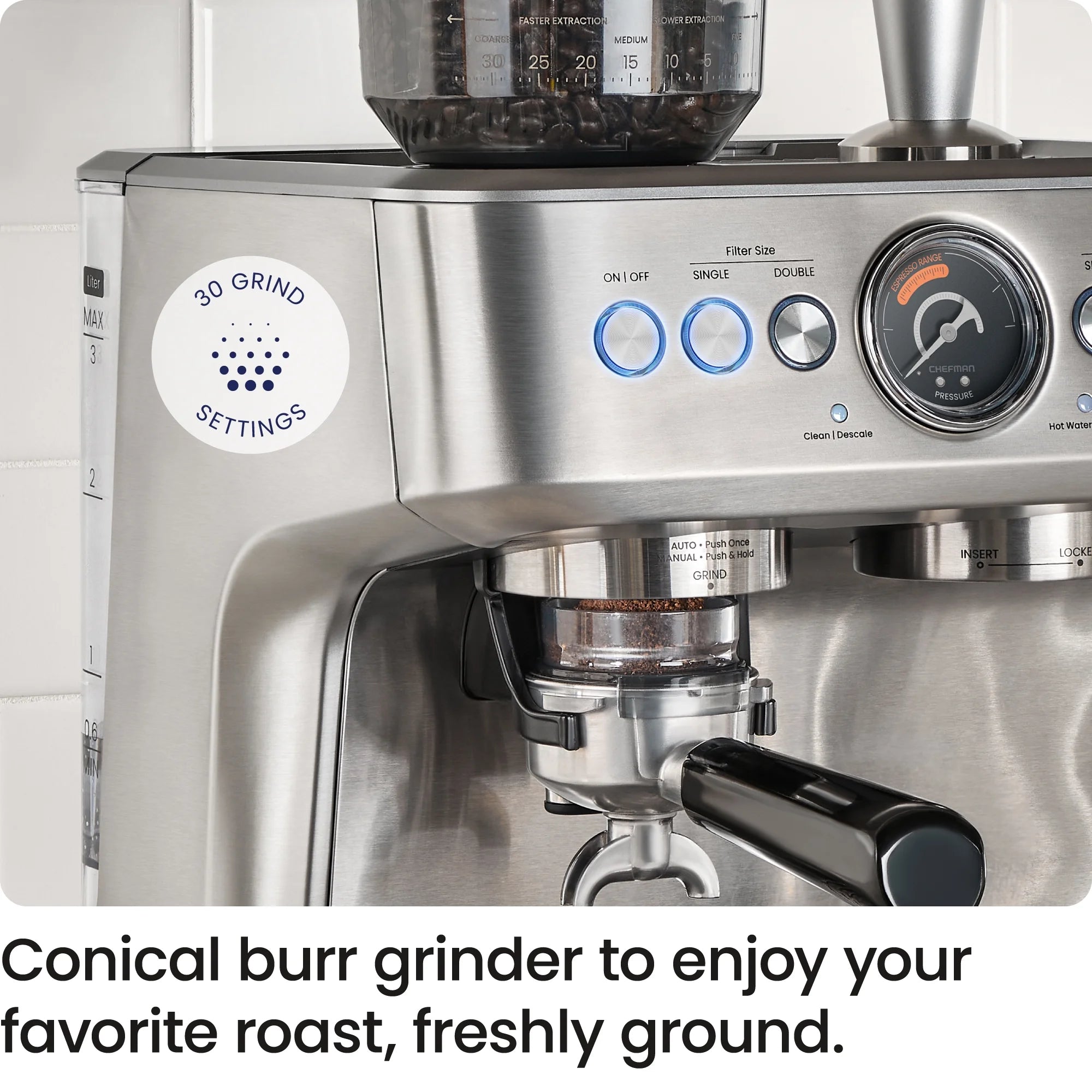 Crema Supreme Espresso Machine with Conical Burr Grinder and Steam Wand – Stainless Steel, New