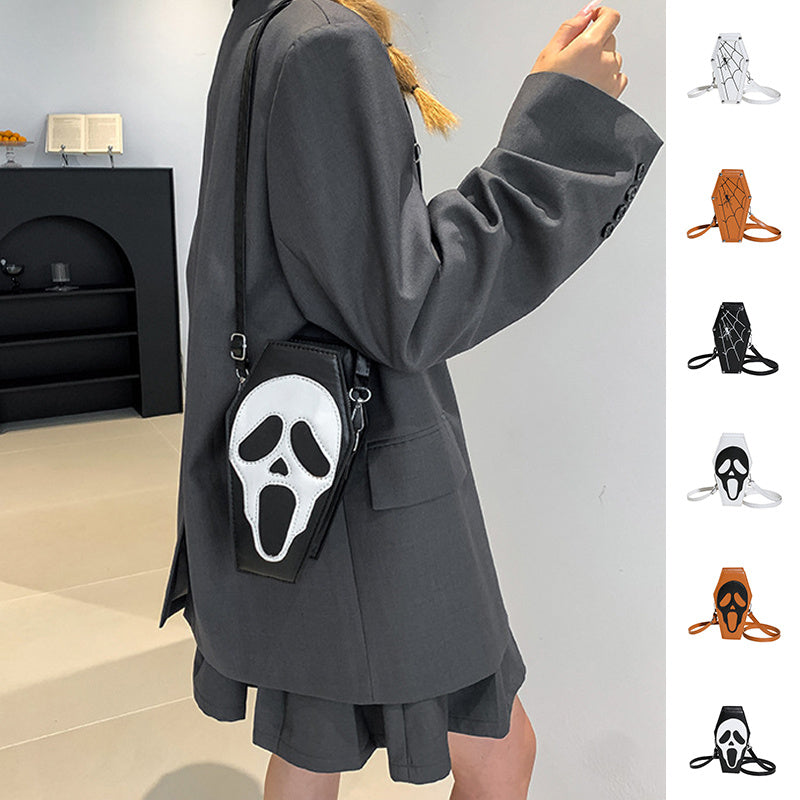 Halloween Coffin-shape Gothic Ghost Shoulder Bag Spider Web Messenger Crossbody Bag Kids Personality Phone Bag For Women