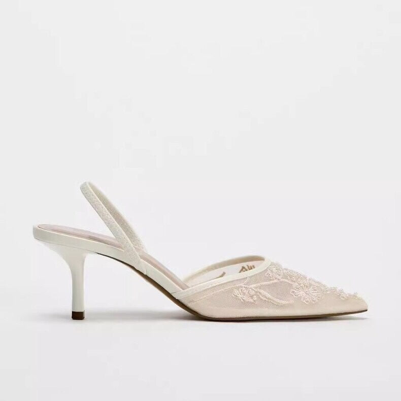 Women's Rear Strap Embroidered Mesh High Heels