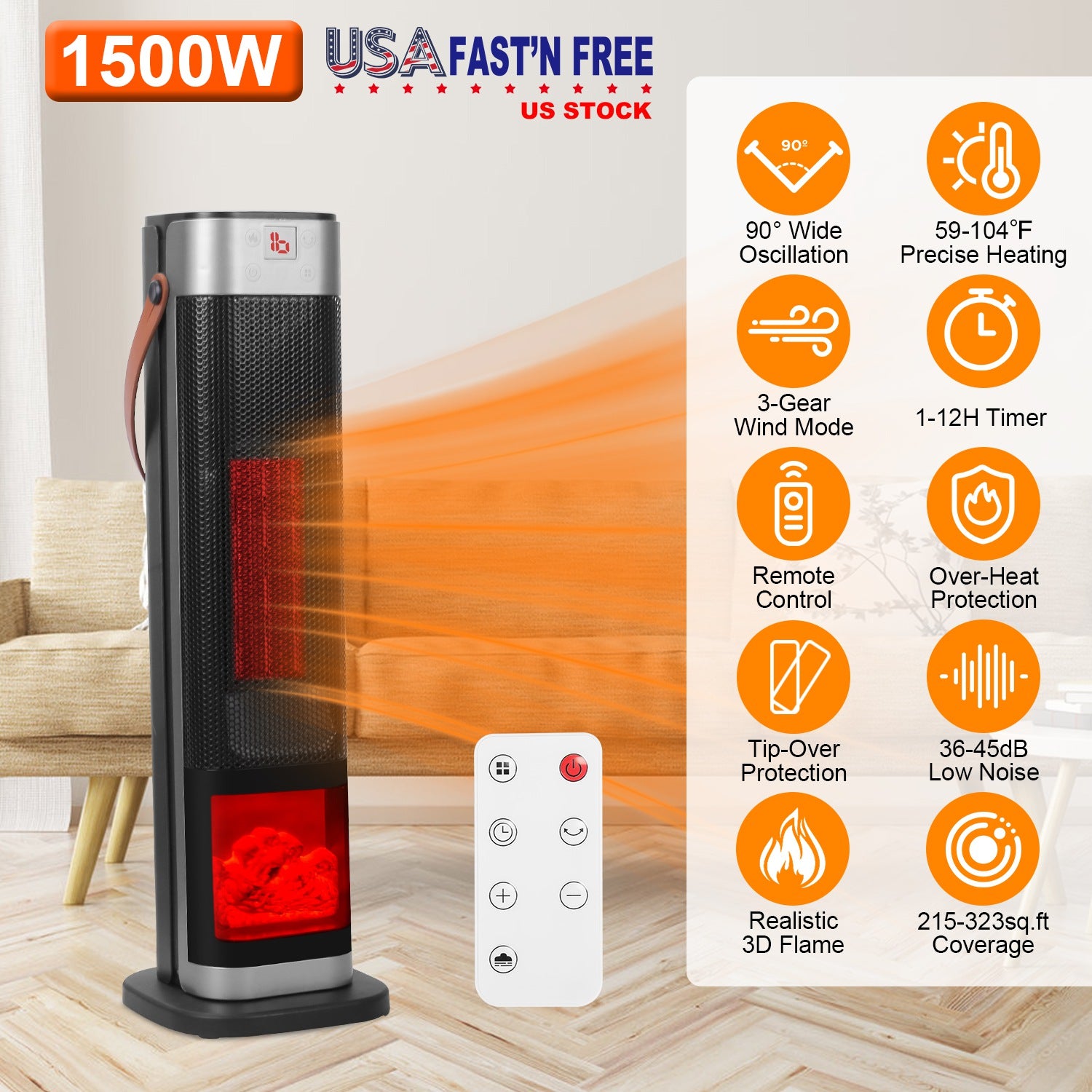 1Pc 1500W Oscillating Ceramic Tower Space Heater With 3D Flame Portable Electric Heater With 3 Wind Mode Heating Remote Control 12H Timer Overheat Tip-Over Protection For Bedroom Office
