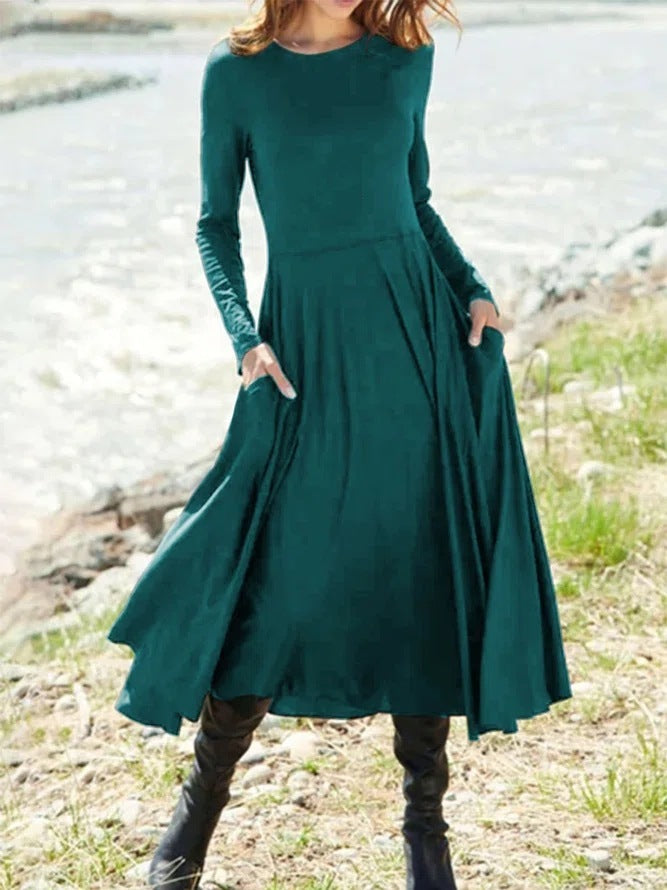 Long Sleeve Round Neck Solid Color Long Women's Clothing Dress