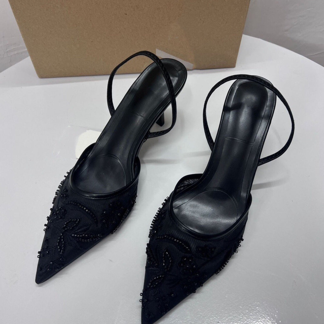 Women's Rear Strap Embroidered Mesh High Heels