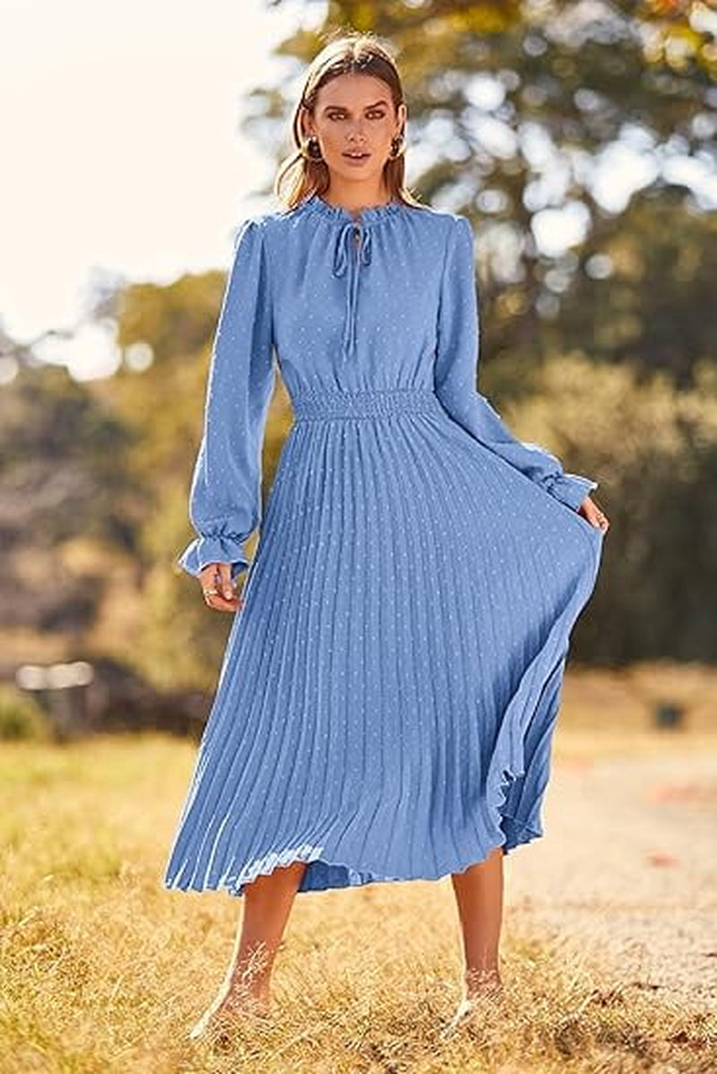 Women'S Spring Fall Midi Dress Casual Long Sleeve V Neck Swiss Dot Pleated a Line Flowy Dresses