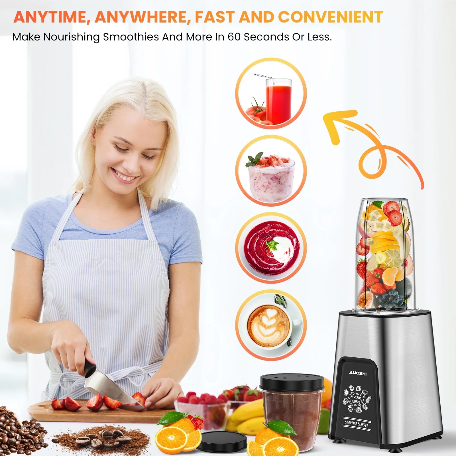1000W Personal Blender for Smoothies and Shakes, Smoothie Maker with 6 Blades, 2*23 Oz Cups, 1*10Oz Grind Cup, Portable Blenders for Kitchen