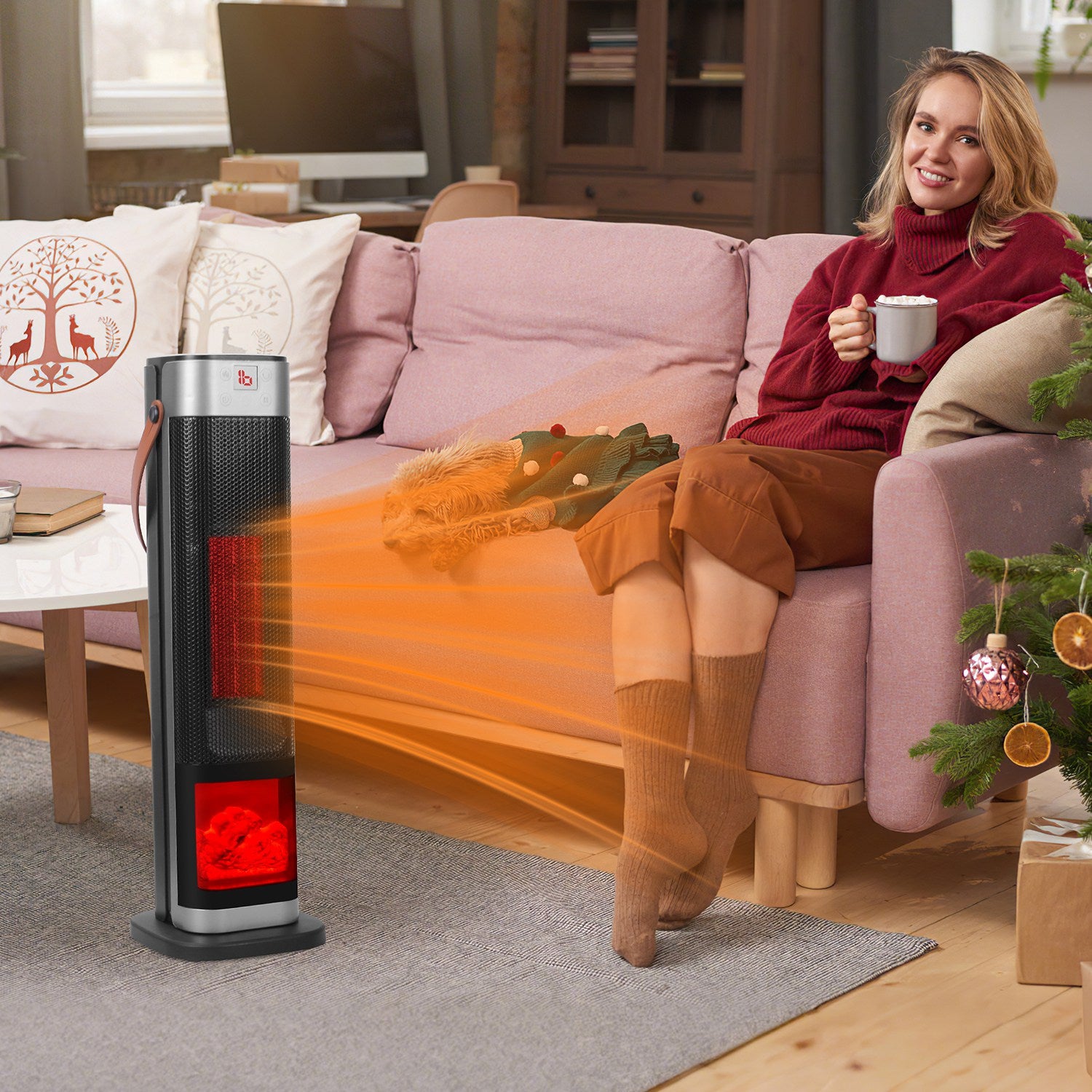 1Pc 1500W Oscillating Ceramic Tower Space Heater With 3D Flame Portable Electric Heater With 3 Wind Mode Heating Remote Control 12H Timer Overheat Tip-Over Protection For Bedroom Office