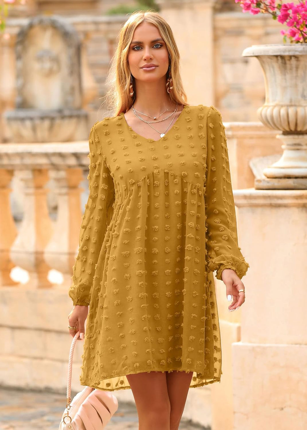 Womens Dresses 2024 Spring Summer Long Sleeve Mini Dress V Neck Flowy Casual Swiss Dot Loose Babydoll Dress