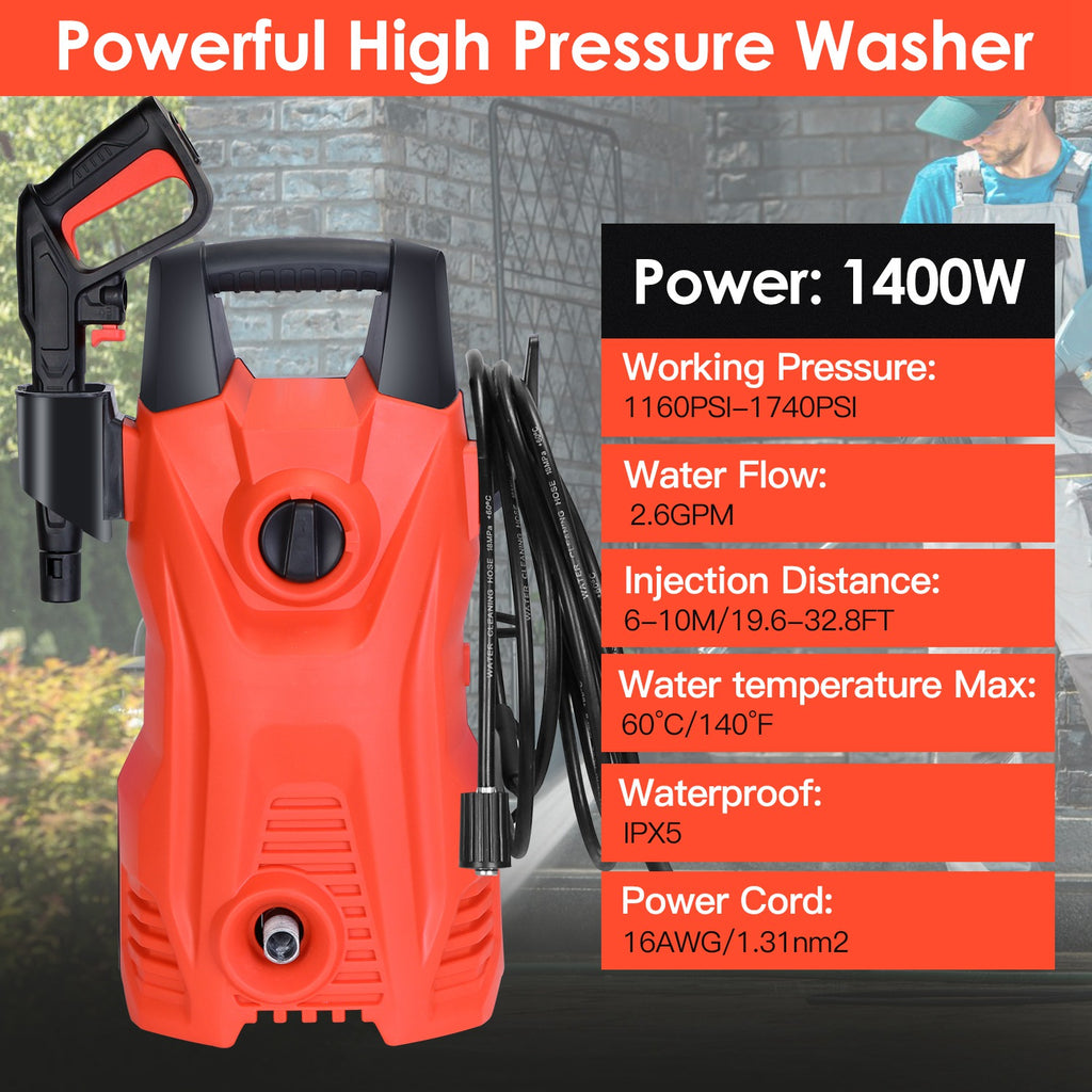 1Pc Electric High Pressure Washer 1740PSI  Powerful Car Washer Pressure Cleaner With Adjustable Spray
 Nozzle Soap Dispenser IPX5 Waterproof For Patio Garden Driveway