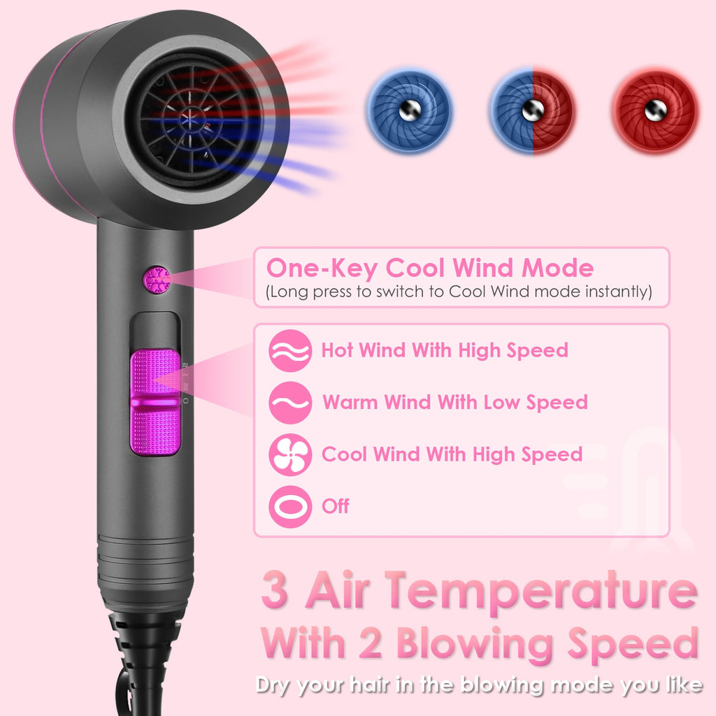1Pc 1800W Hair Dryer Portable Compact Hair Blow Dryer With Cool Warm Hot Wind With Diffuser Concentrator Comb Nozzle ALCI Plug Overheat Protection For Women Man Straight Curly Hair