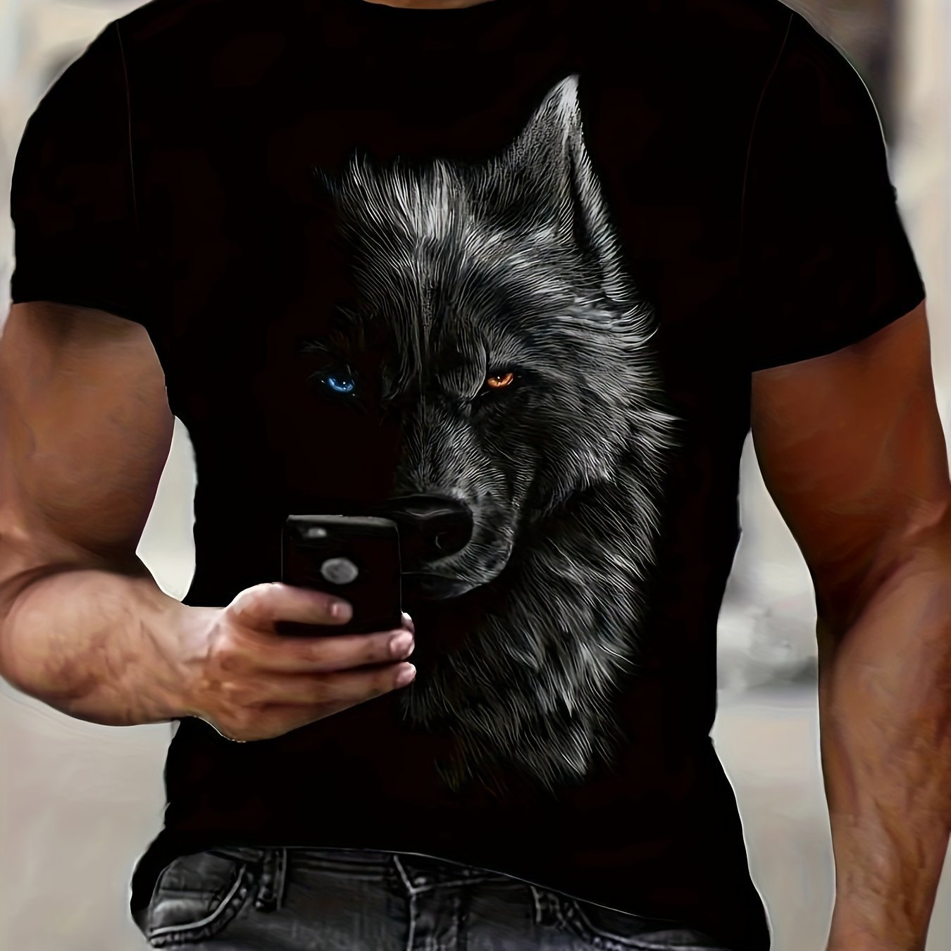 3D Digital Cool Wolf Contrast Color Eye Pattern Round Neck T-shirt