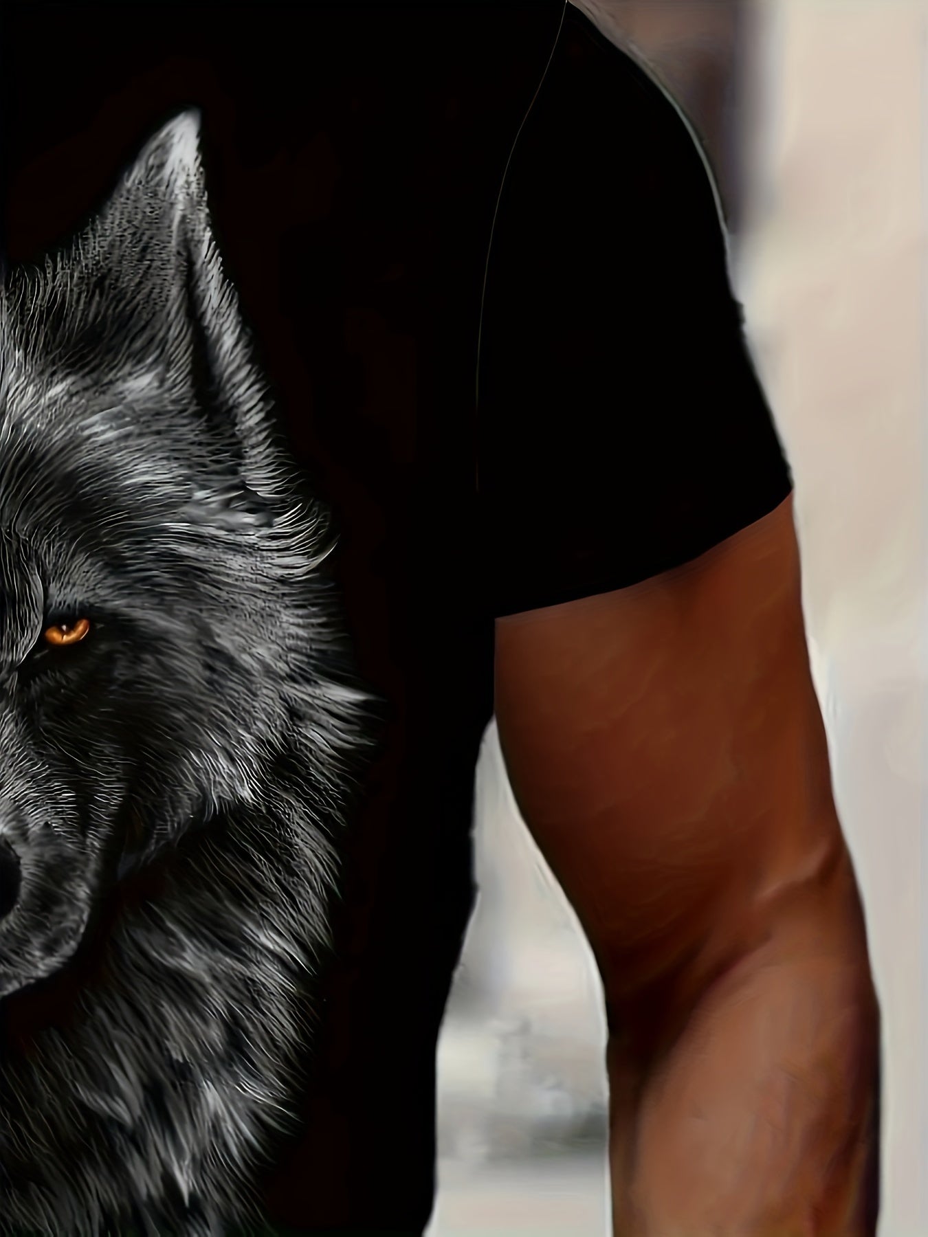 3D Digital Cool Wolf Contrast Color Eye Pattern Round Neck T-shirt